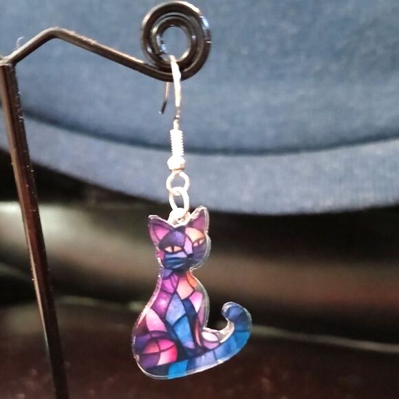 Stained Glass Acrylic CAT Dangle Earrings Cats Kitty Fun Blue Purple - Picture 4 of 5